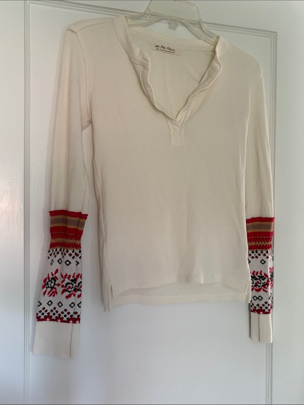 Free People Mikah Layering Cuff Thermal Top with Red Patterned Sleeve Panel